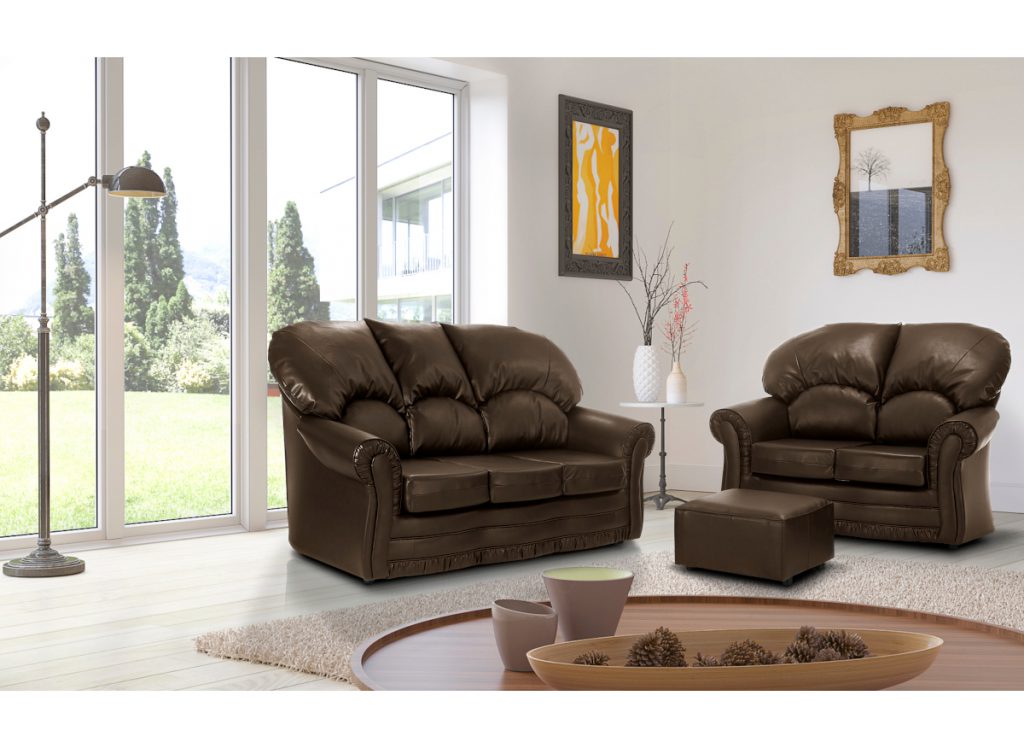 roma bonded brown sofas int he living room in Oakland